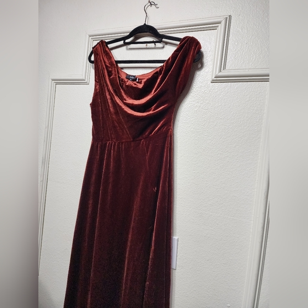 Lulus Coveted Confidence Rust Orange Velvet Asymmetrical Maxi Dress M Wedding - Picture 7 of 9